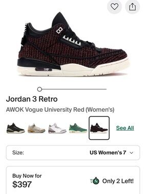 Jordan 3 Retro AWOK Vogue University Red (Women's) Size 5.5
